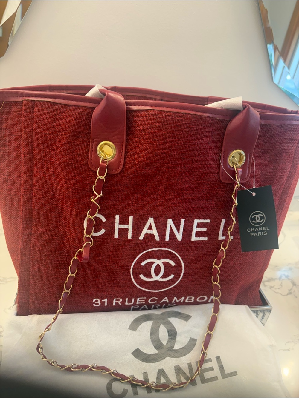 Red Tweed Chain-Handle Tote Bag